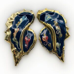 VTG NOS 1990s Large Gold-Tone Blues Pink Gold Fashion Statement Post Earrings